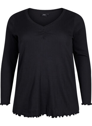 Ribbed blouse with long sleeves and V-neck, Black, Packshot image number 0
