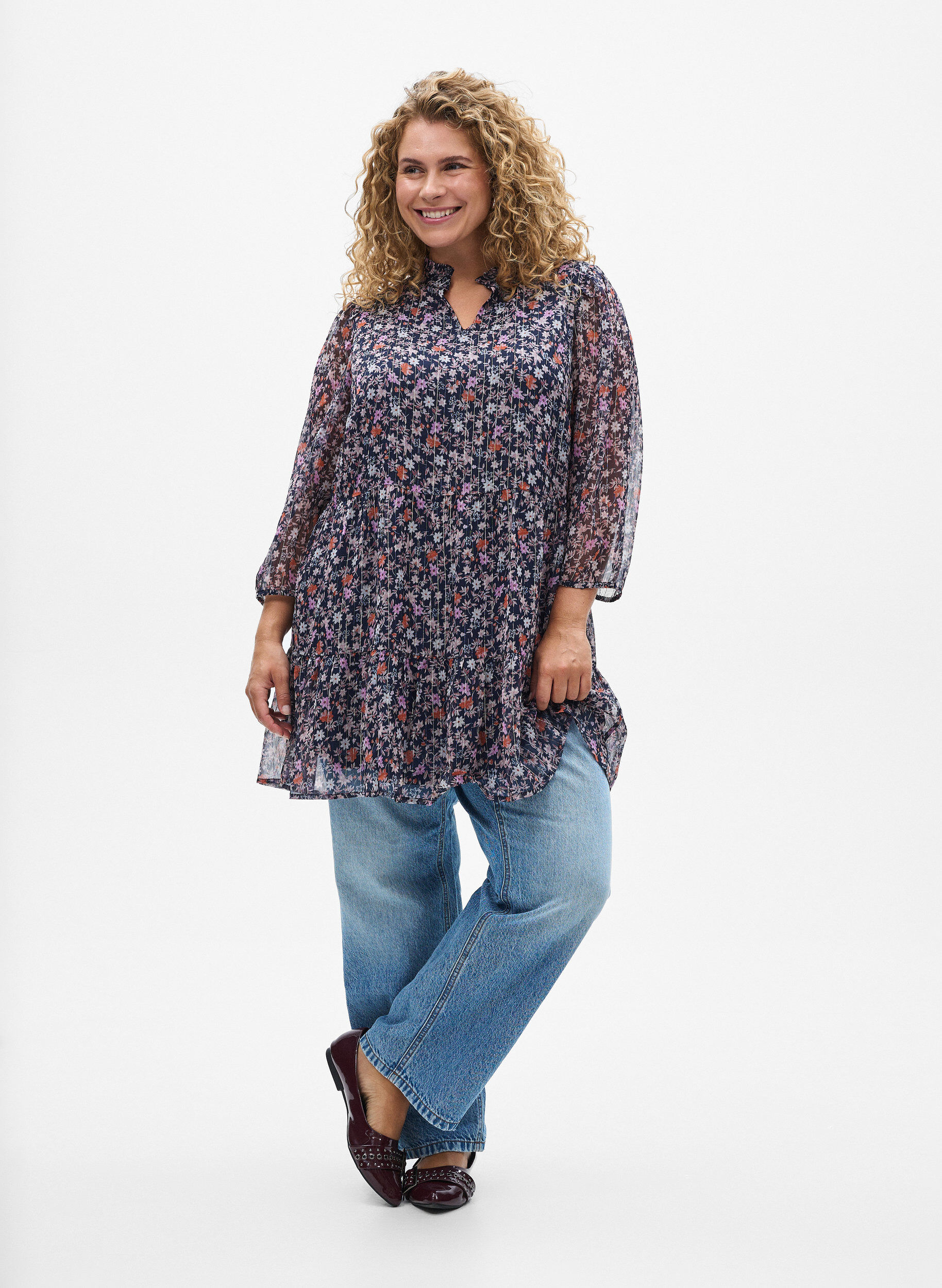 ZizzifashionTunic with floral print and glitter threads, Blue, Model image number 1
