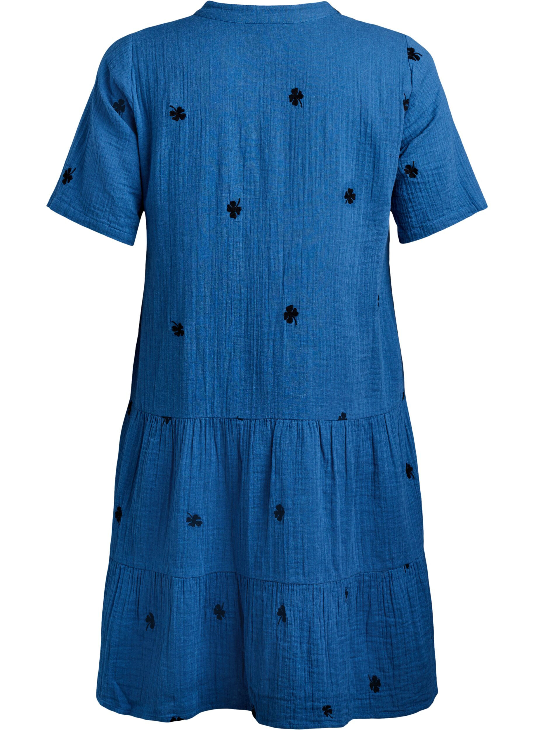 Zizzifashion Short cotton muslin dress with embroidered flowers, Blue, Packshot image number 1