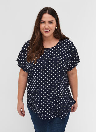 Blouse with short sleeves and a round neckline, Navy Bla w White Dot, Model image number 0
