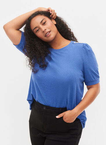 Blouse with short puff sleeves, Dazzling Blue Mel., Model image number 0
