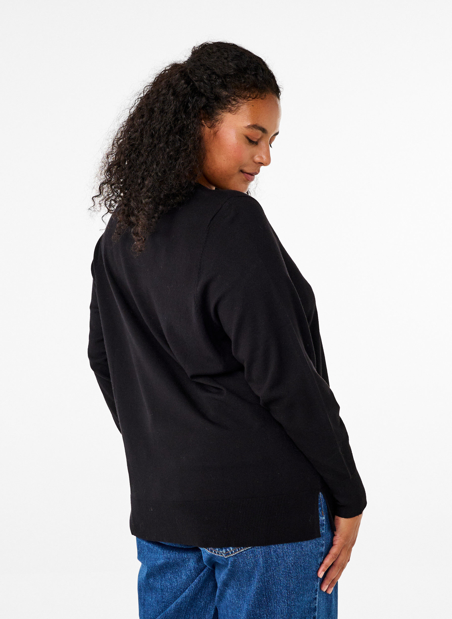 Zizzifashion Long-sleeved knitted blouse with slit, Black, Model image number 2