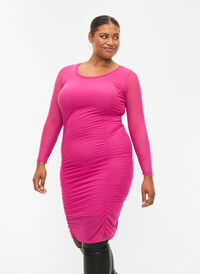 Tight-fitting dress with drapings, Fuchsia Red, Model