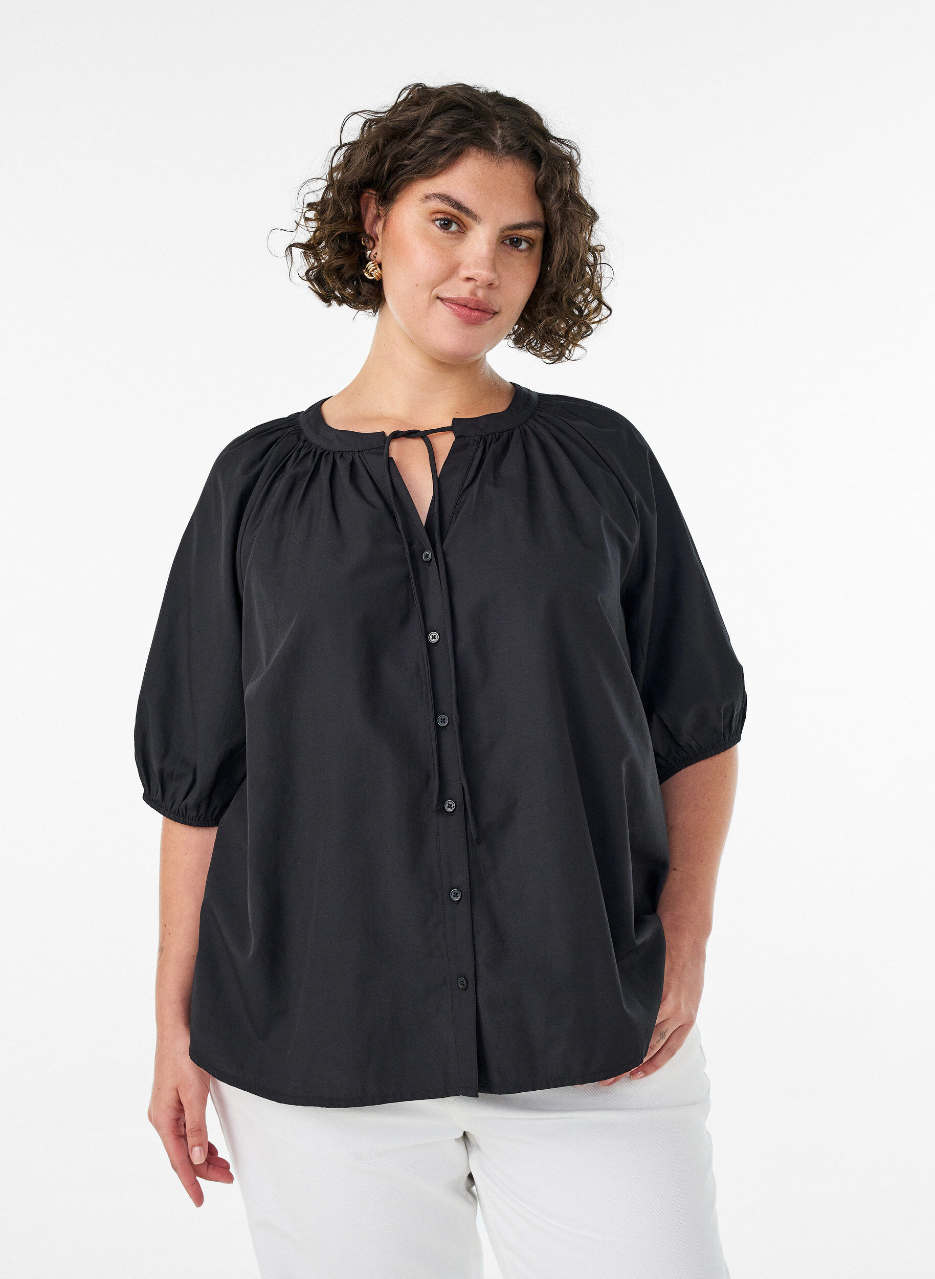 ZizzifashionShirt blouse with button fastening and tie-belt, Black, Model image number 0