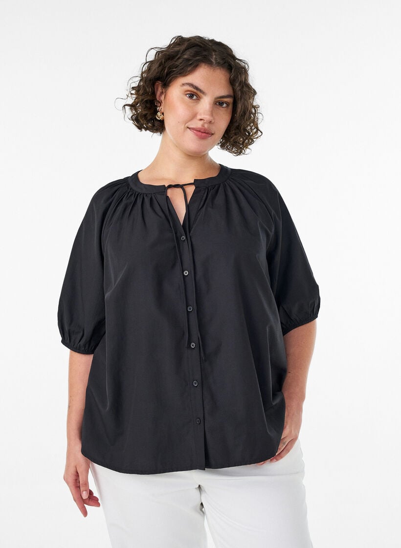 Shirt blouse with button fastening and tie-belt, Black, Model image number 0