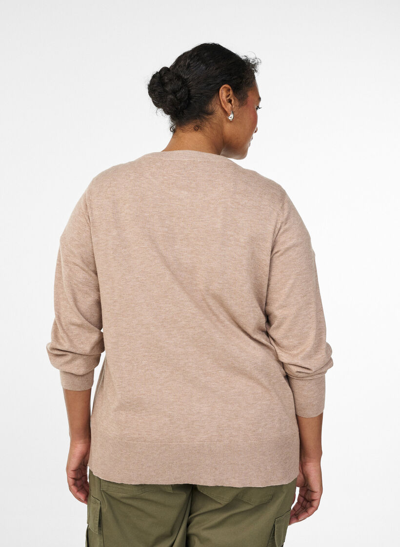 Cardigan with round neck and fabric-covered buttons, Beige, Model image number 2
