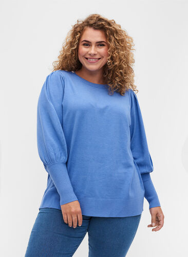 Knitted ribbed sweater with balloon sleeves, Ultramarine Mel, Model image number 0