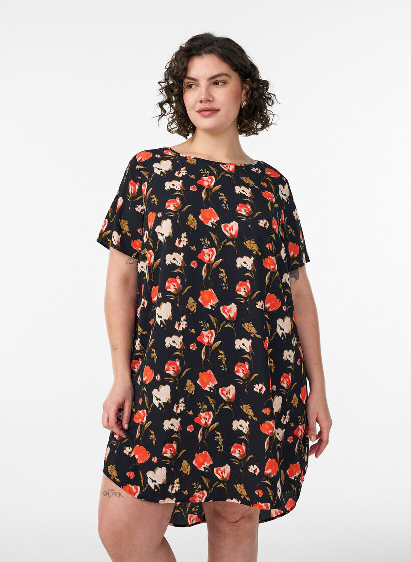 Dress with print and short sleeves, Black, Model image number 0