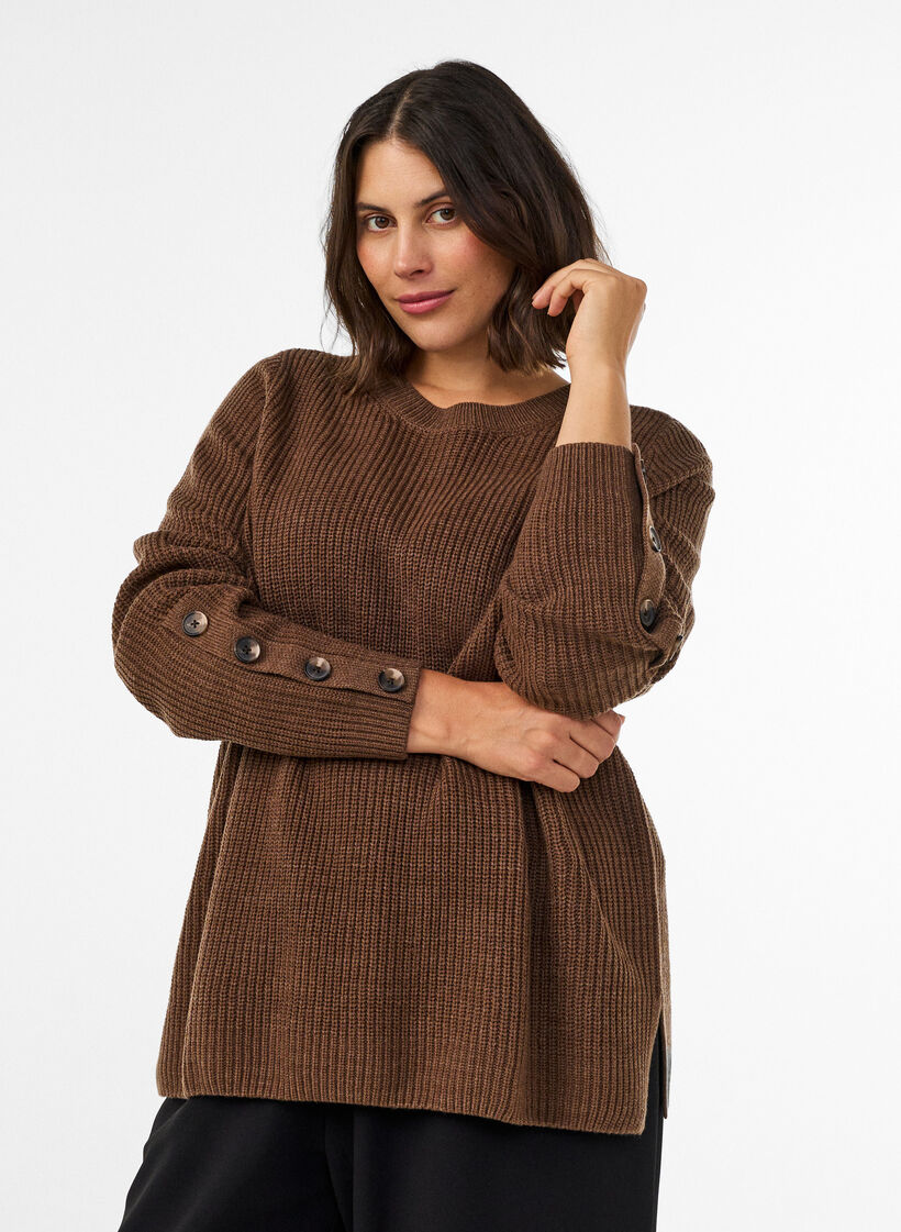 Knitted blouse with ribbed texture and button details, Brown, Model image number 0
