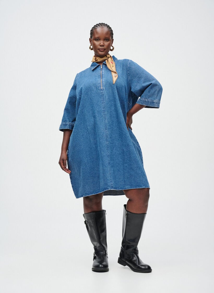 Short denim dress with zipper and 3/4 sleeves, Blue, Image image number 0
