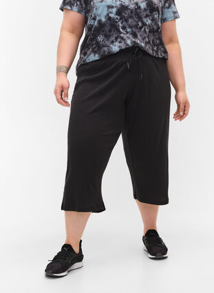 Loose culotte trousers in rib fabric, Black, Model image number 2
