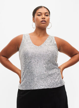 Sleeveless sequin top with v-neck, Silver, Model image number 0