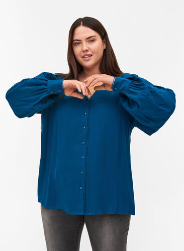 Viscose blouse with buttons and balloon sleeves, Poseidon, Model image number 0