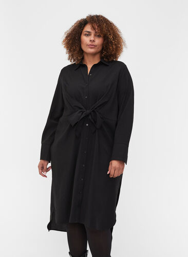Shirt dress with binding detail and slit, Black, Model image number 0