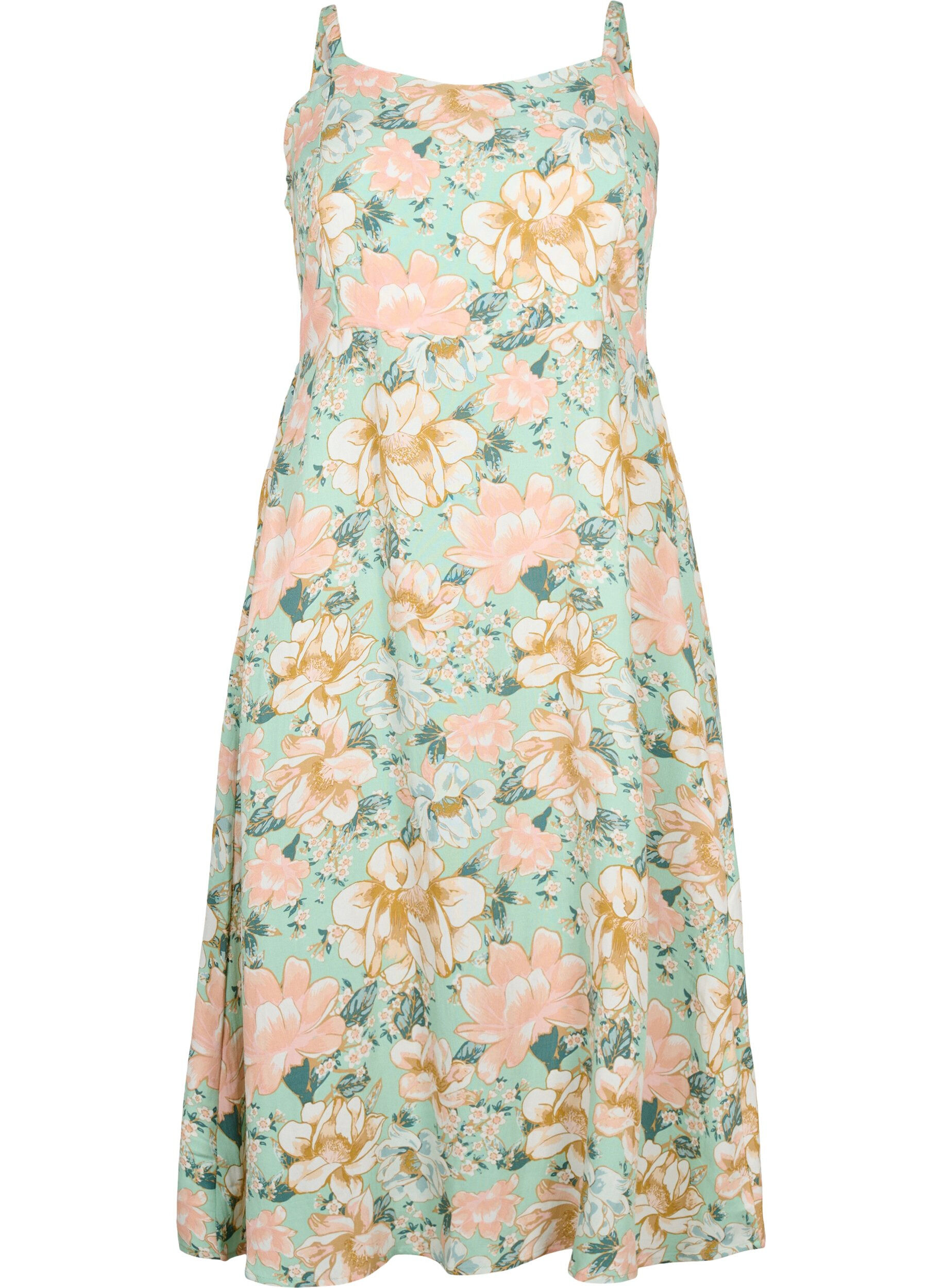 Zizzifashion Floral viscose strap dress with smocking, Green Flower, Packshot image number 0