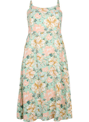 Floral viscose strap dress with smocking, Green Flower, Packshot image number 0