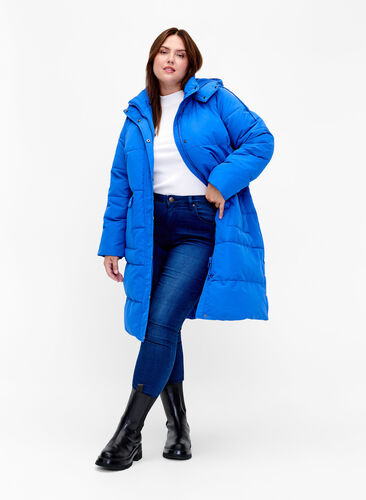 Long puffer jacket with pockets and hood, French Blue, Model image number 2