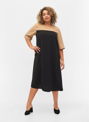 Viscose midi dress with colour-block, Black Comb, Model image number 2