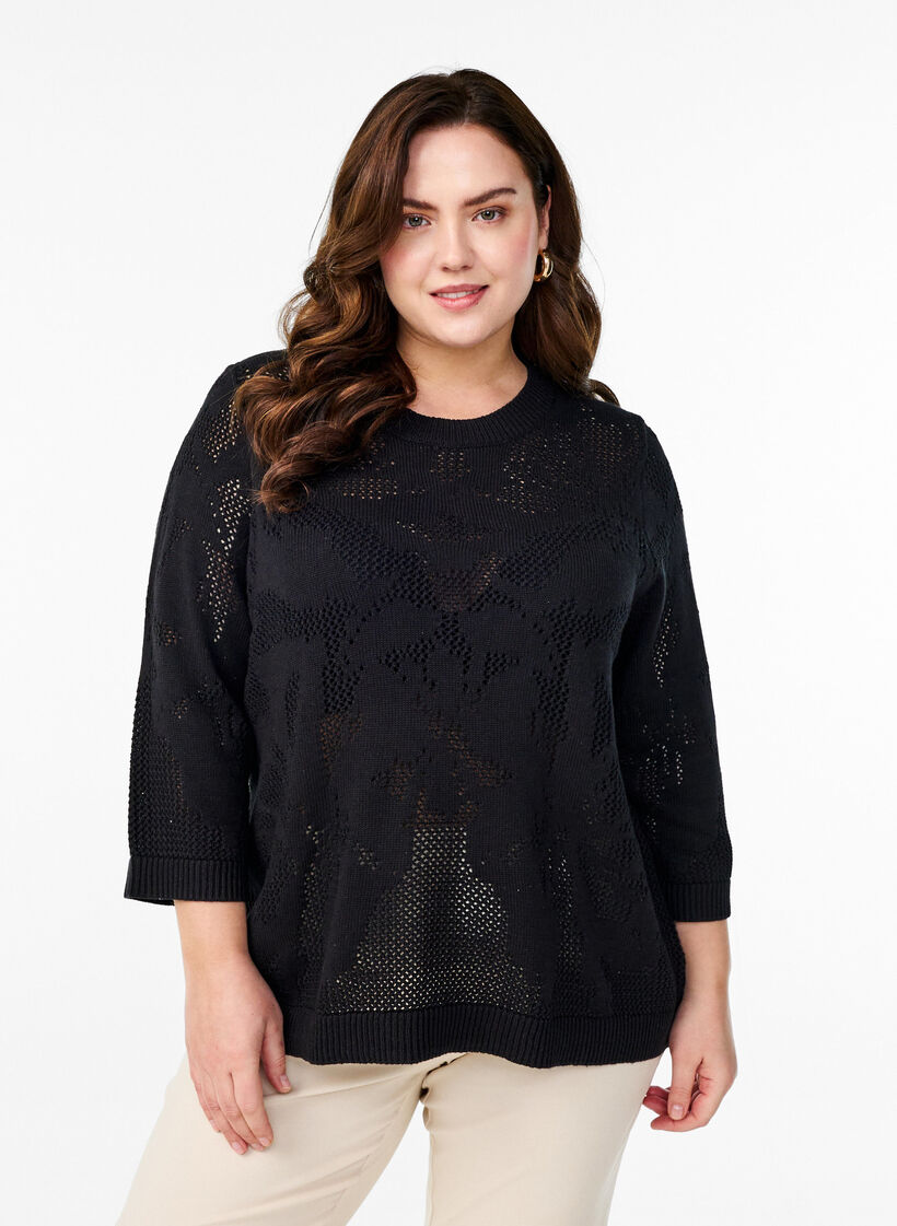 Knit blouse with an openwork pattern and 3/4 sleeves, Black, Model image number 0