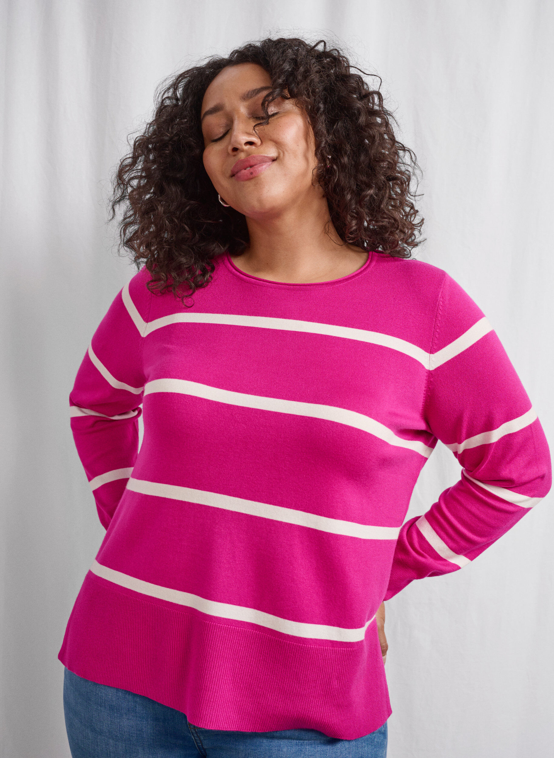 Zizzifashion Knitted viscose blouse with stripes, Pink, Image image number 0
