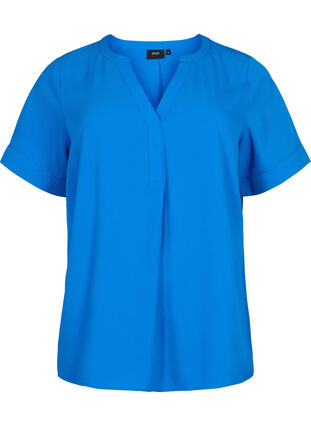 Short-sleeved blouse with v-neckline, Victoria blue, Packshot image number 0