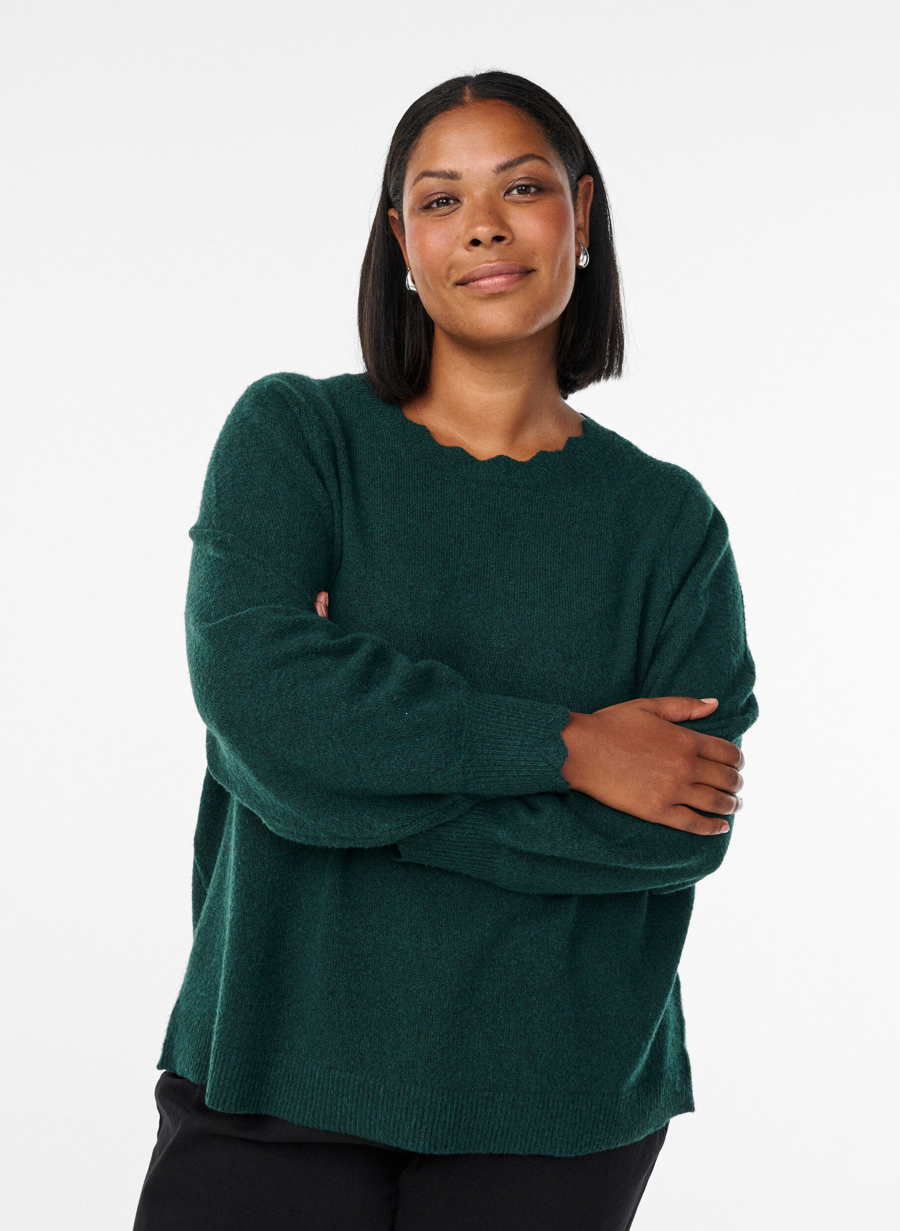 ZizzifashionKnitted blouse with wavy edges, Green, Model image number 0