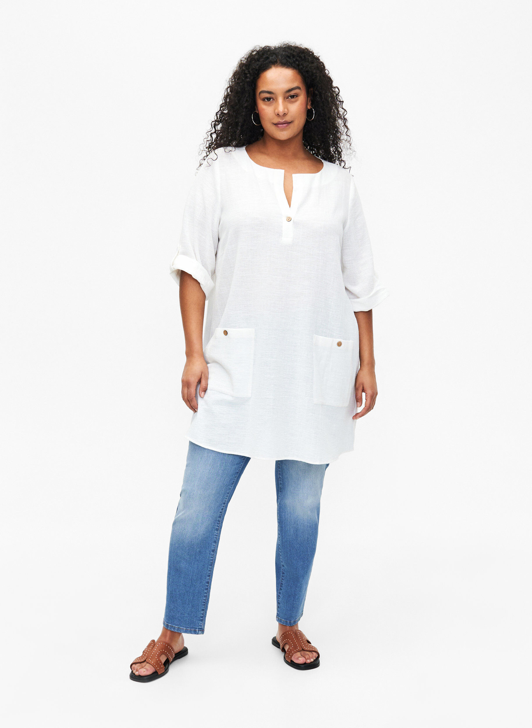 Zizzifashion 3/4 sleeve cotton blend tunic with linen, Off-White, Model image number 2
