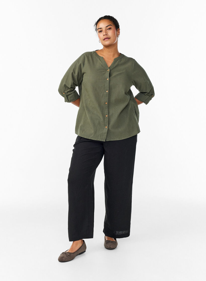 Cotton shirt blouse with V-neck, Green, Model image number 1