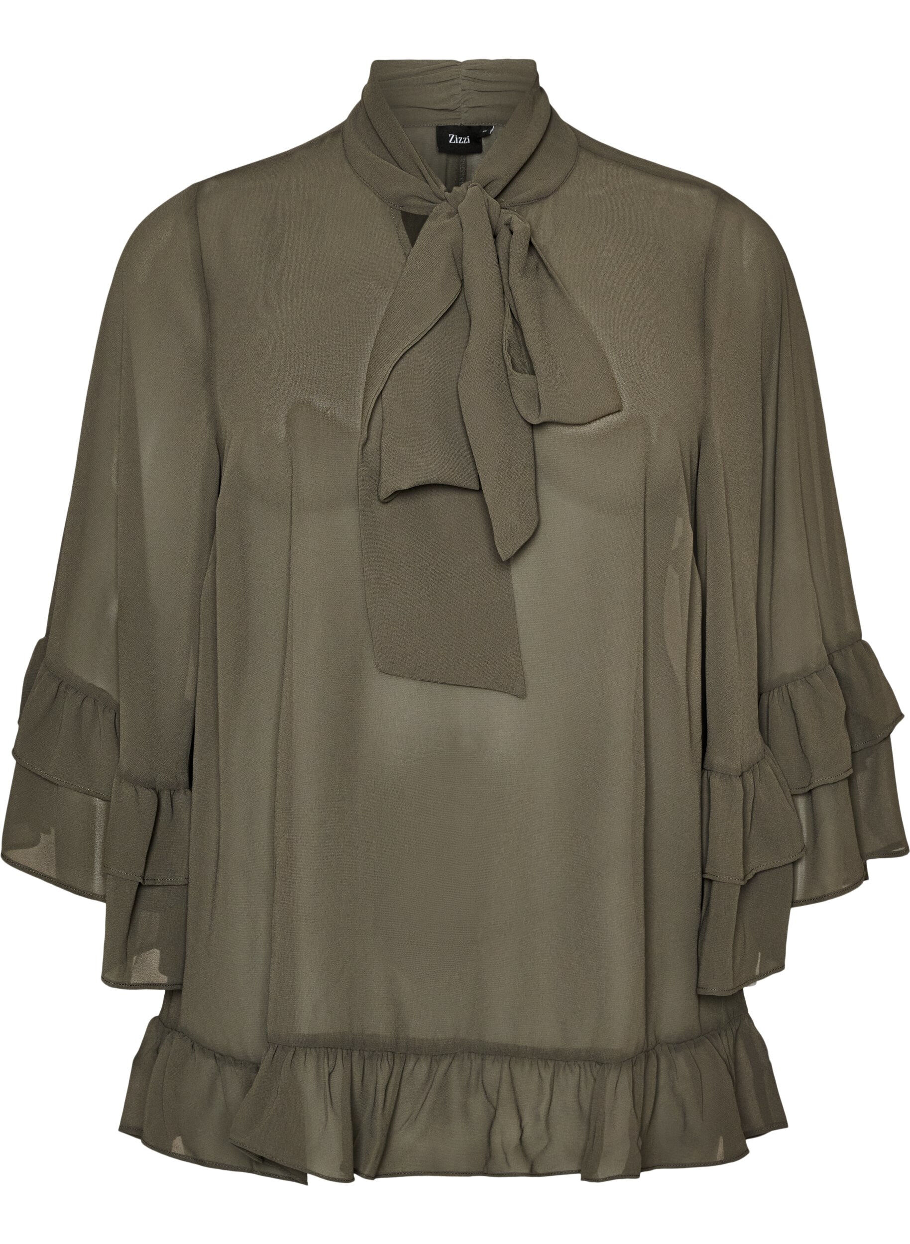 ZizzifashionBlouse with ribbon tie and ruffle details, Dark Grey, Packshot image number 0