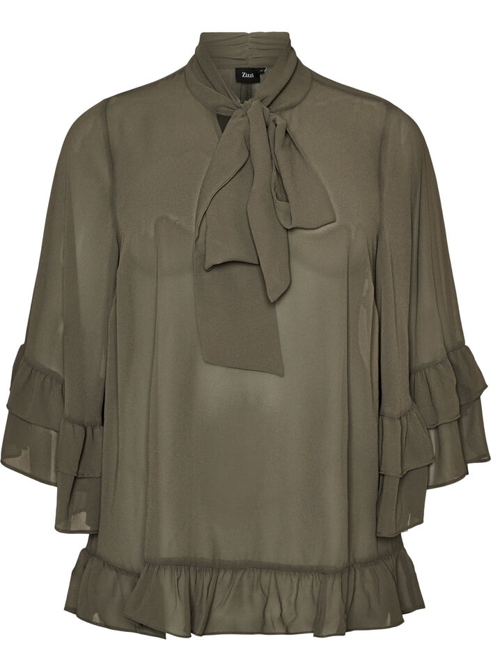 Blouse with ribbon tie and ruffle details, Dark Grey, Packshot image number 0