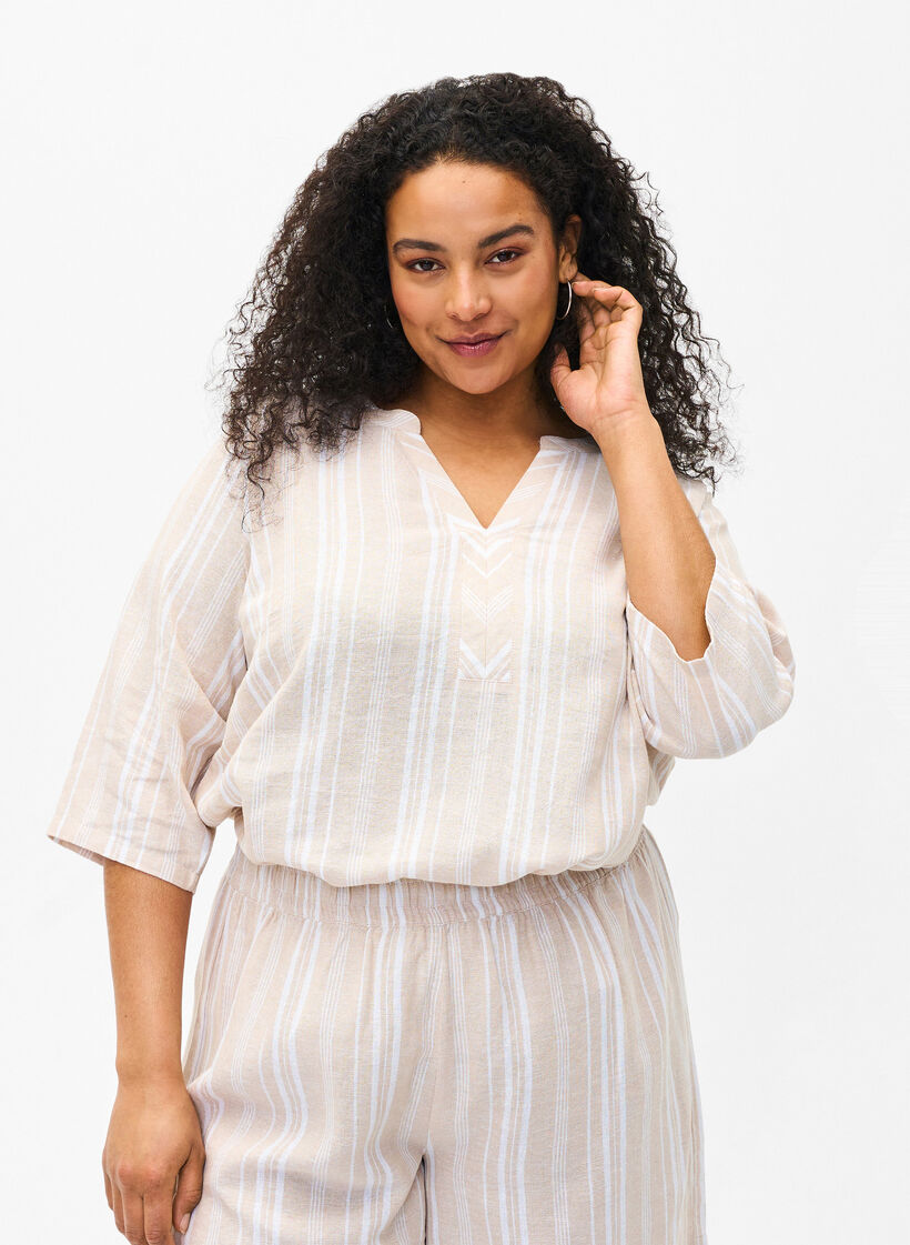Striped blouse in linen-viscose blend, Beige, Model image number 0