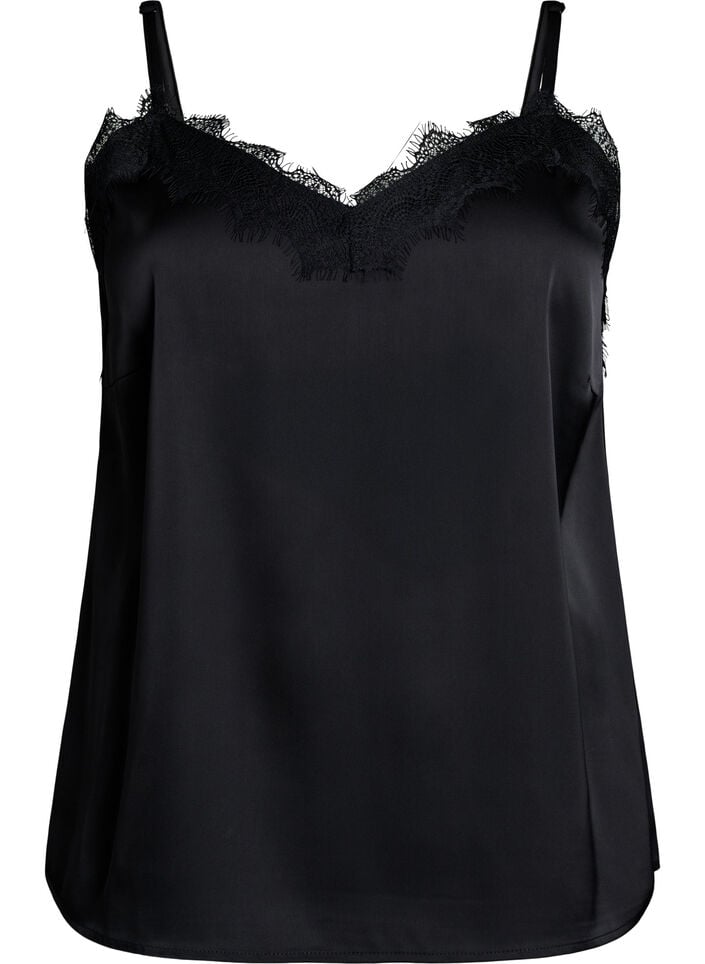 Satin strap top with lace, Black, Packshot image number 0