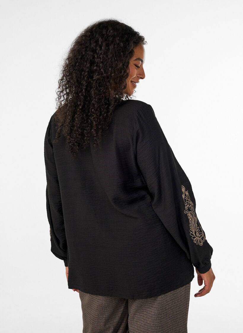 Viscose shirt with embroidered sleeves, Black, Model image number 2