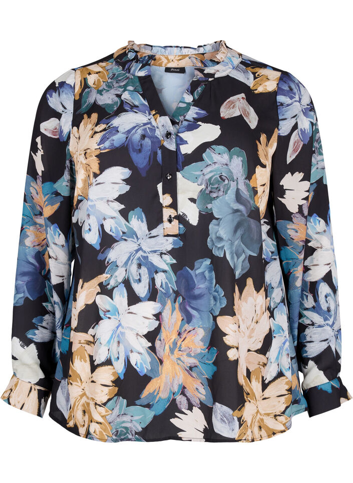 Long-sleeved blouse with floral print, Yellow Flower AOP, Packshot image number 0
