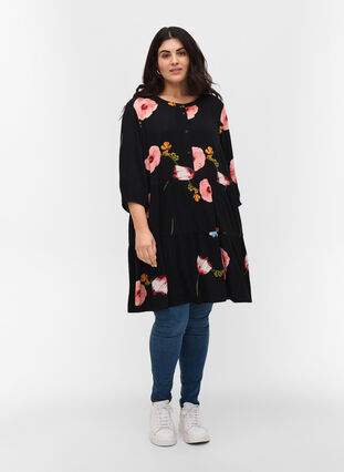 Printed viscose tunic with 3/4 sleeves, Black Big Flower, Model image number 2