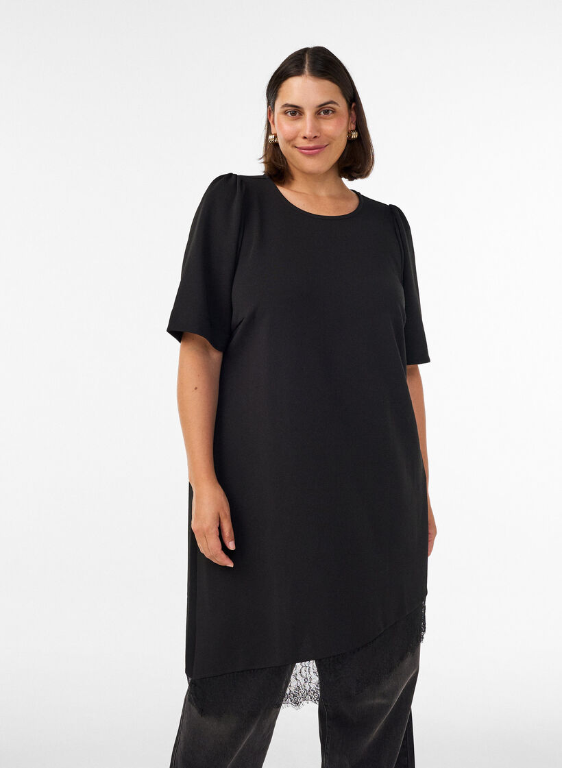 Tunic with asymmetric lace trim, Black, Model image number 0
