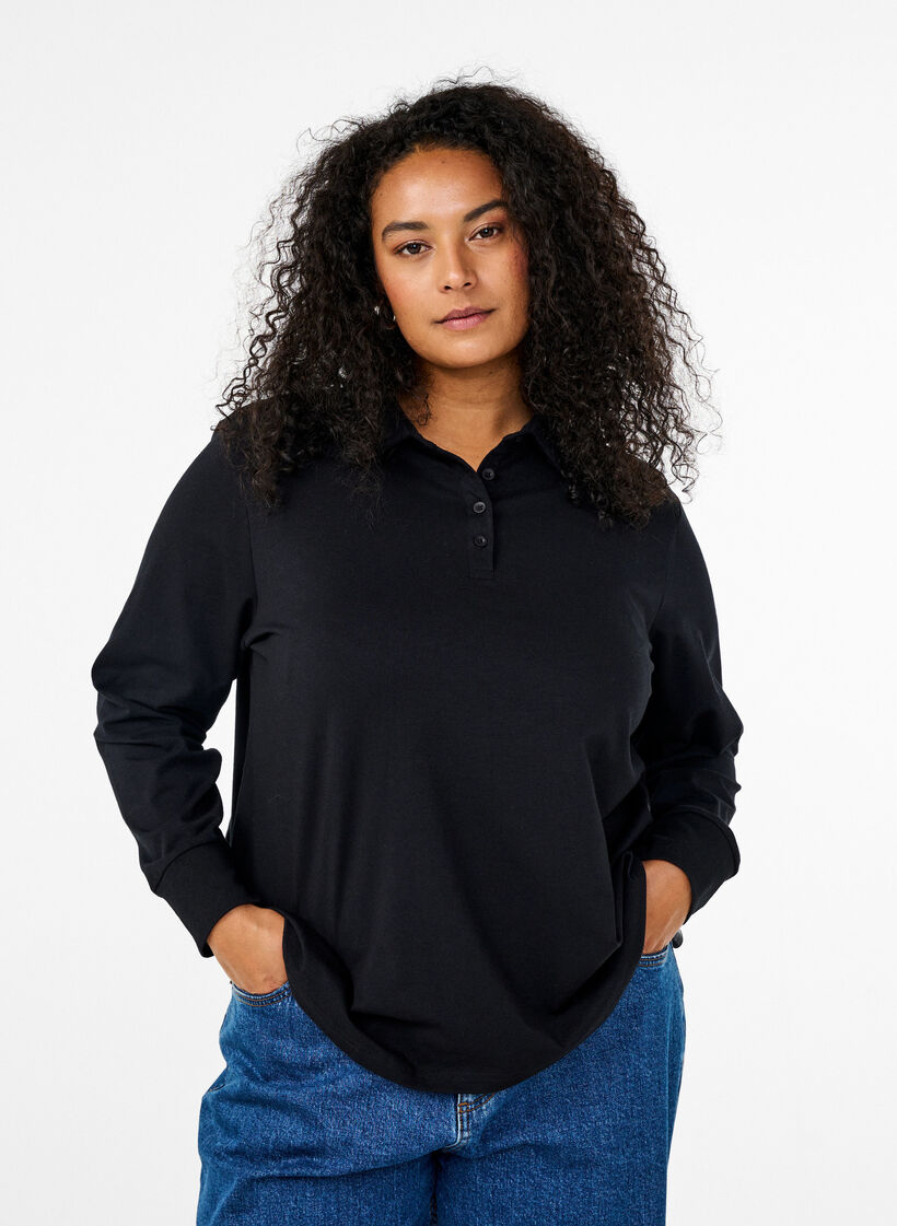 Long-sleeved polo shirt, Black, Model image number 0