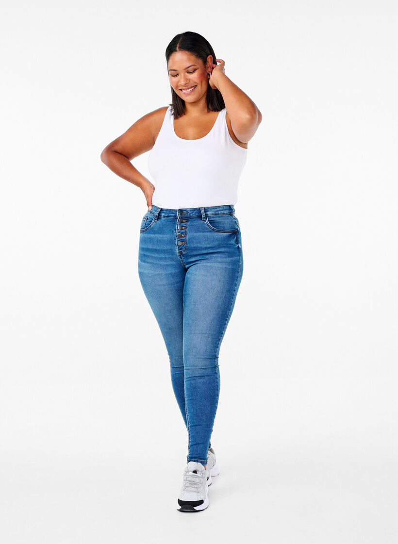 High-waisted Amy jeans with button closure, Blue Denim, Model image number 0