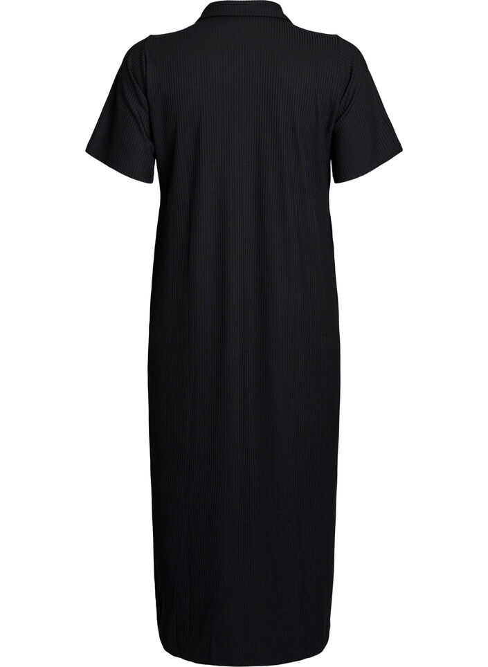 Maxi dress in jersey with collar and short sleeves, Black, Packshot image number 1