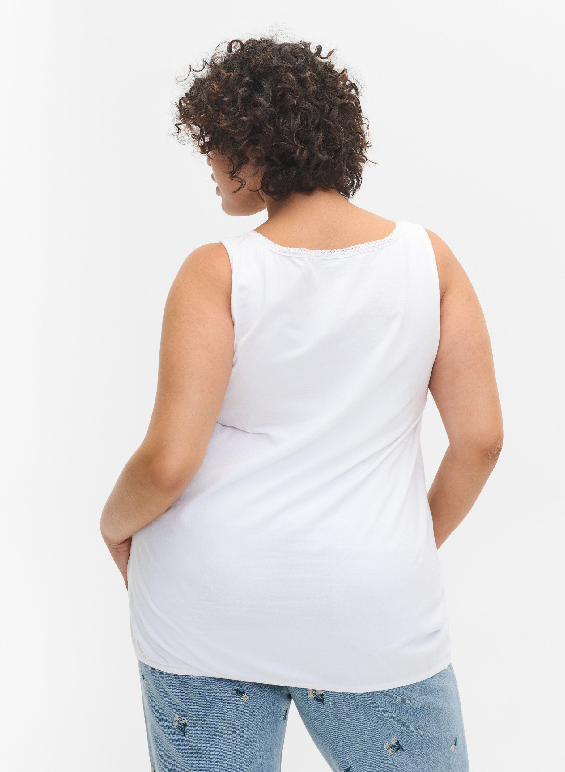 Zizzifashion Cotton top with rounded neckline and lace trim, Bright White, Model image number 1