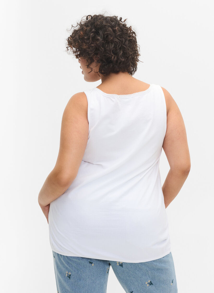 Cotton top with rounded neckline and lace trim, Bright White, Model image number 1