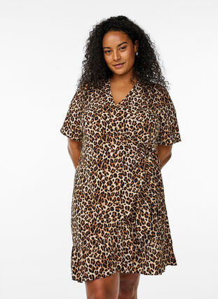 Printed wrap dress with short sleeves - Brown - Sz. 40-64 - Zizzifashion Printed wrap dress with short sleeves - Brown - Sz. 40-64 - Zizzifashion