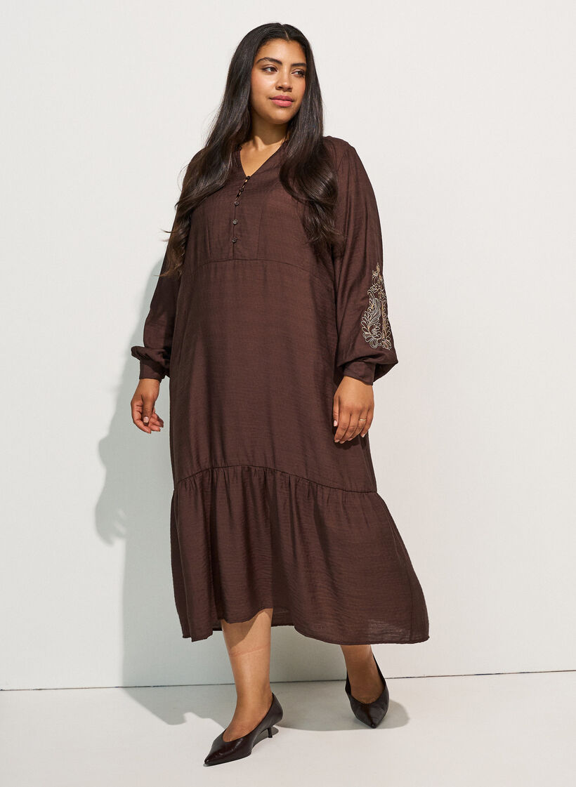 Viscose dress with embroidery and tiered ruffles, Brown, Model image number 0