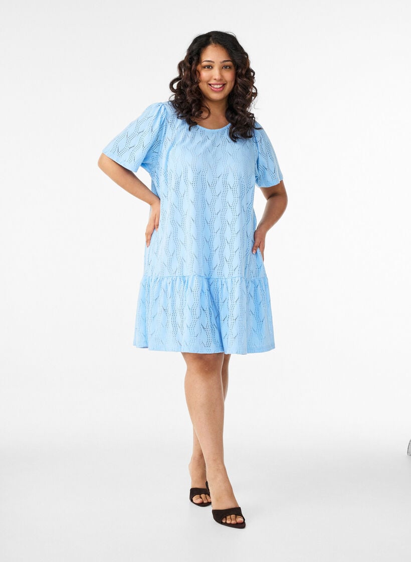 Short jersey dress with eyelet pattern, Light Blue, Model image number 1