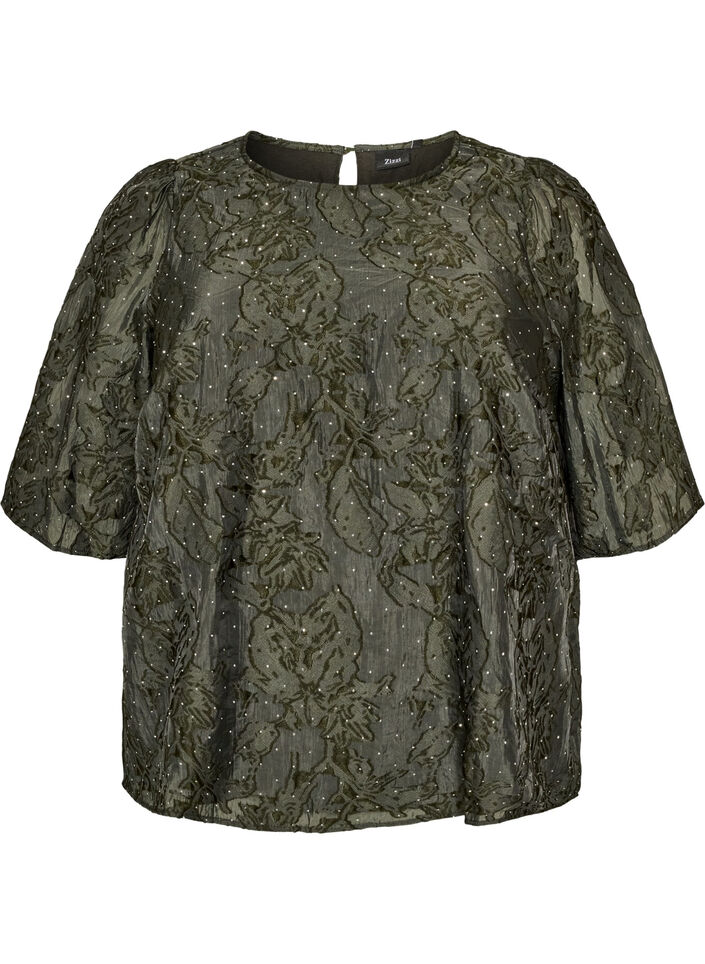 Jacquard blouse with sparkly details and puff sleeves, Green, Packshot image number 0