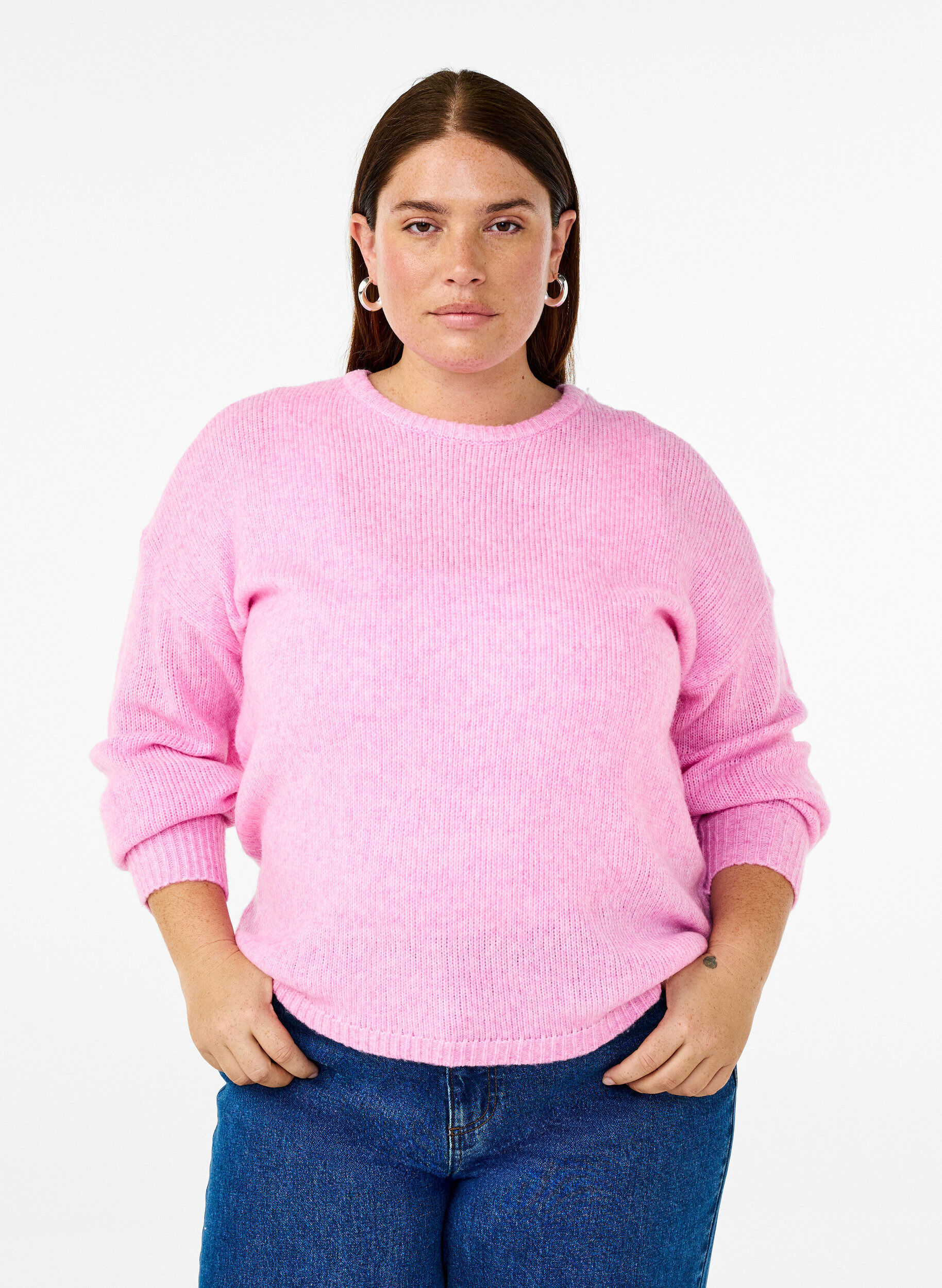 Zizzifashion Long-sleeved knitted jumper with wool and a round neck, Begonia Pink Mel., Model image number 0