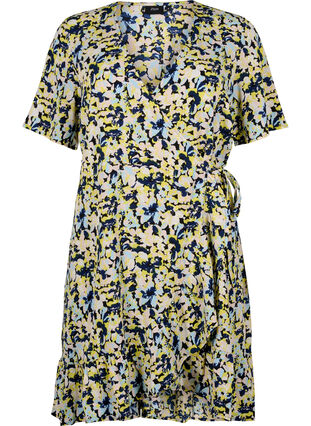 Printed wrap dress with short sleeves, Blazing Yellow AOP, Packshot image number 0