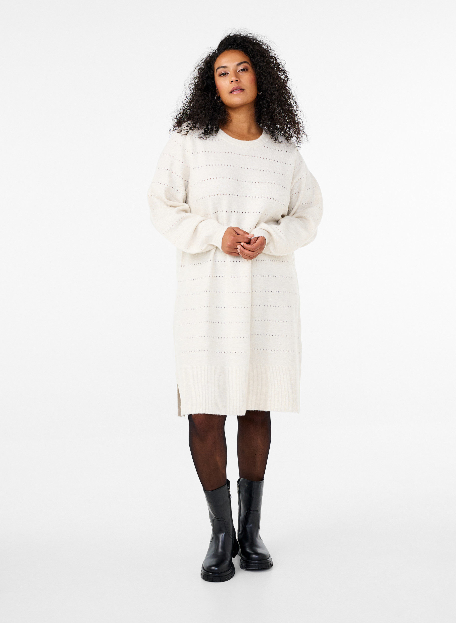 Zizzifashion Knit dress with slits and lace pattern, Birch Mel., Model image number 2