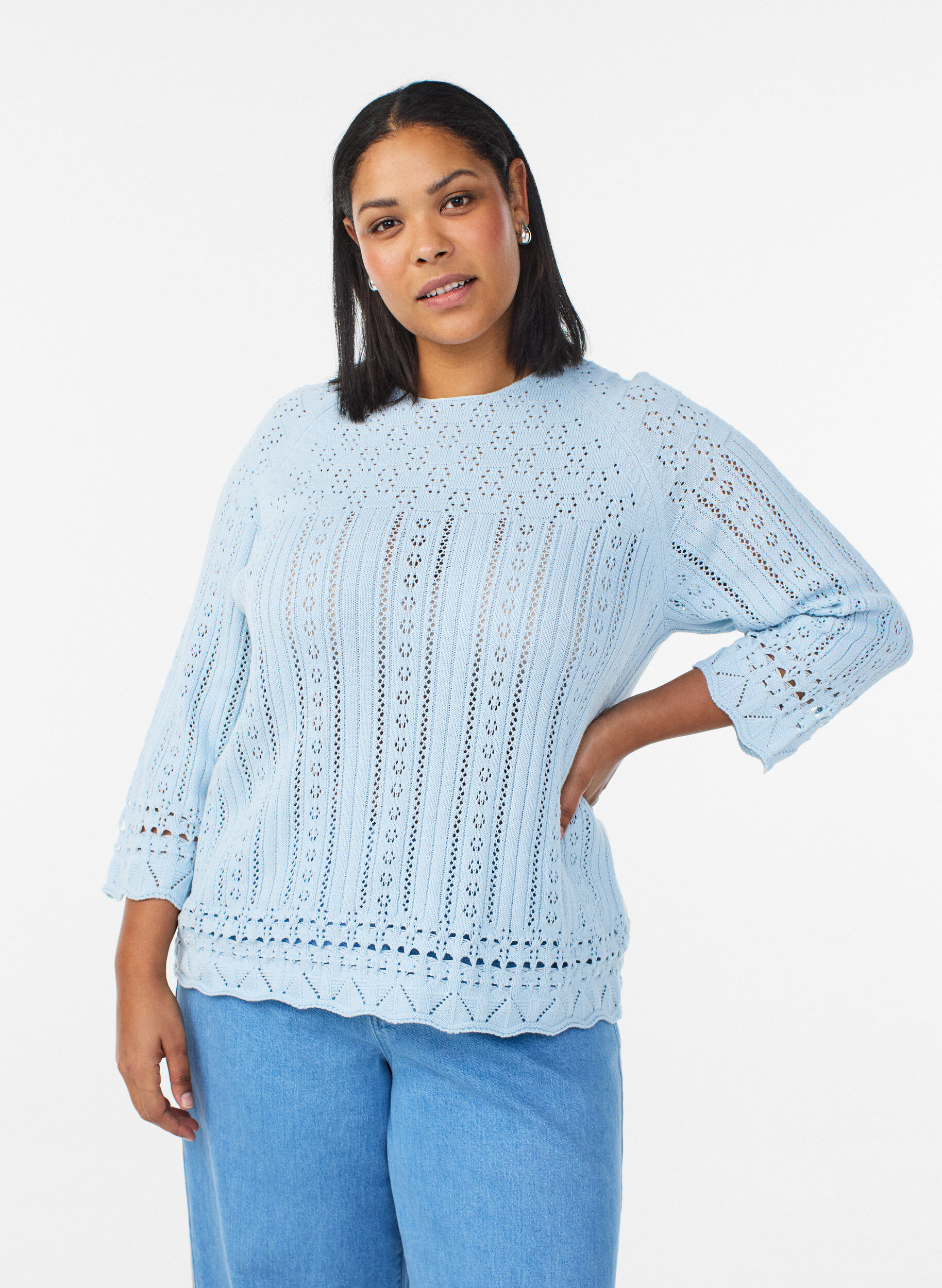 Zizzifashion Knitted top with eyelet embroidery and 3/4 sleeves, Light Blue, Model image number 0