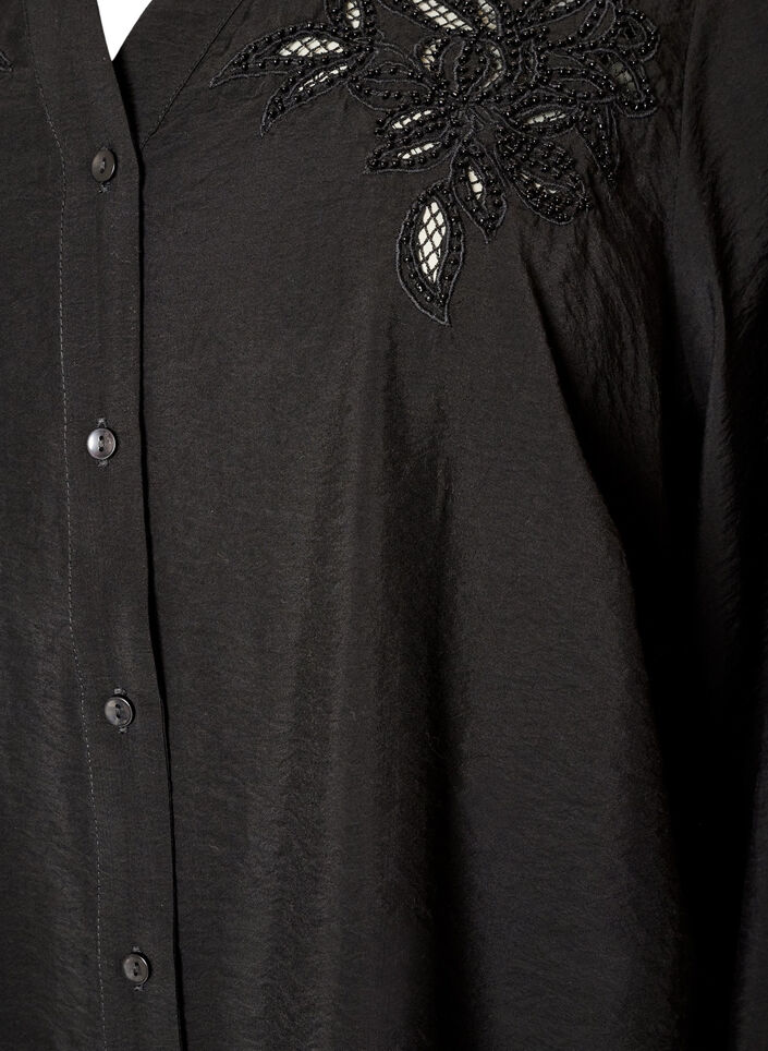 Shirt blouse with embroidered flower appliqu&eacute;s, Black, Packshot image number 2